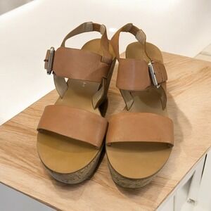 Marc Fisher Wedge Sandals Leather Buckle Ankle Strap Platform Cork Size‎ 8M